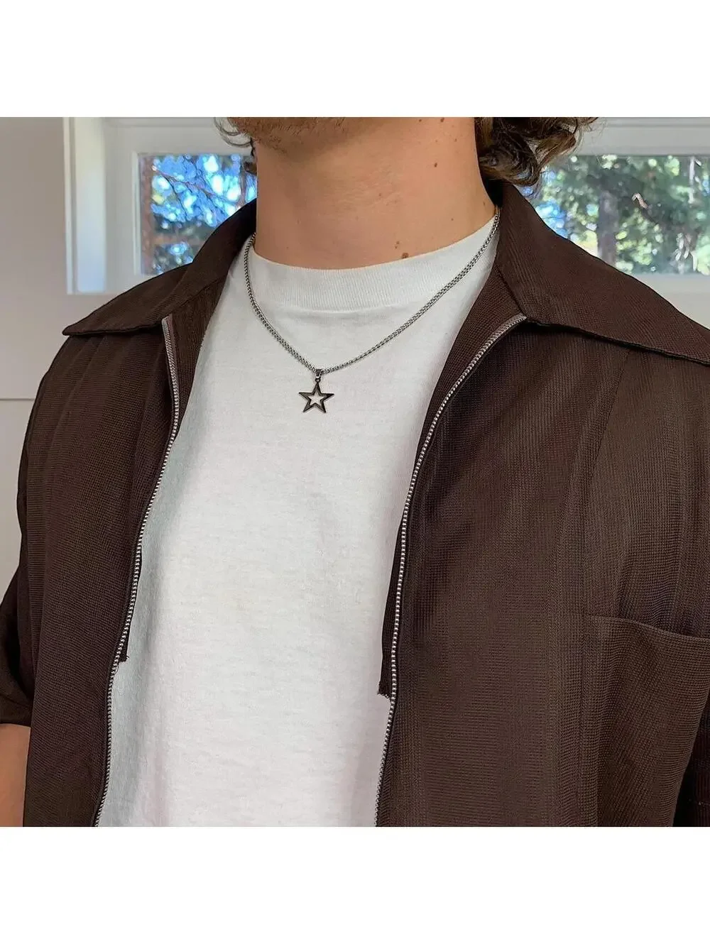 Cyber Y2k simplistic grunge silver star opium necklace. Cool simple design